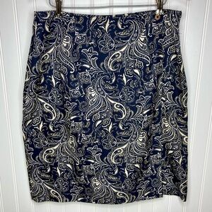 Rum Runner 100% silk wrap skirt size 10 paisley print navy white knee length VTG